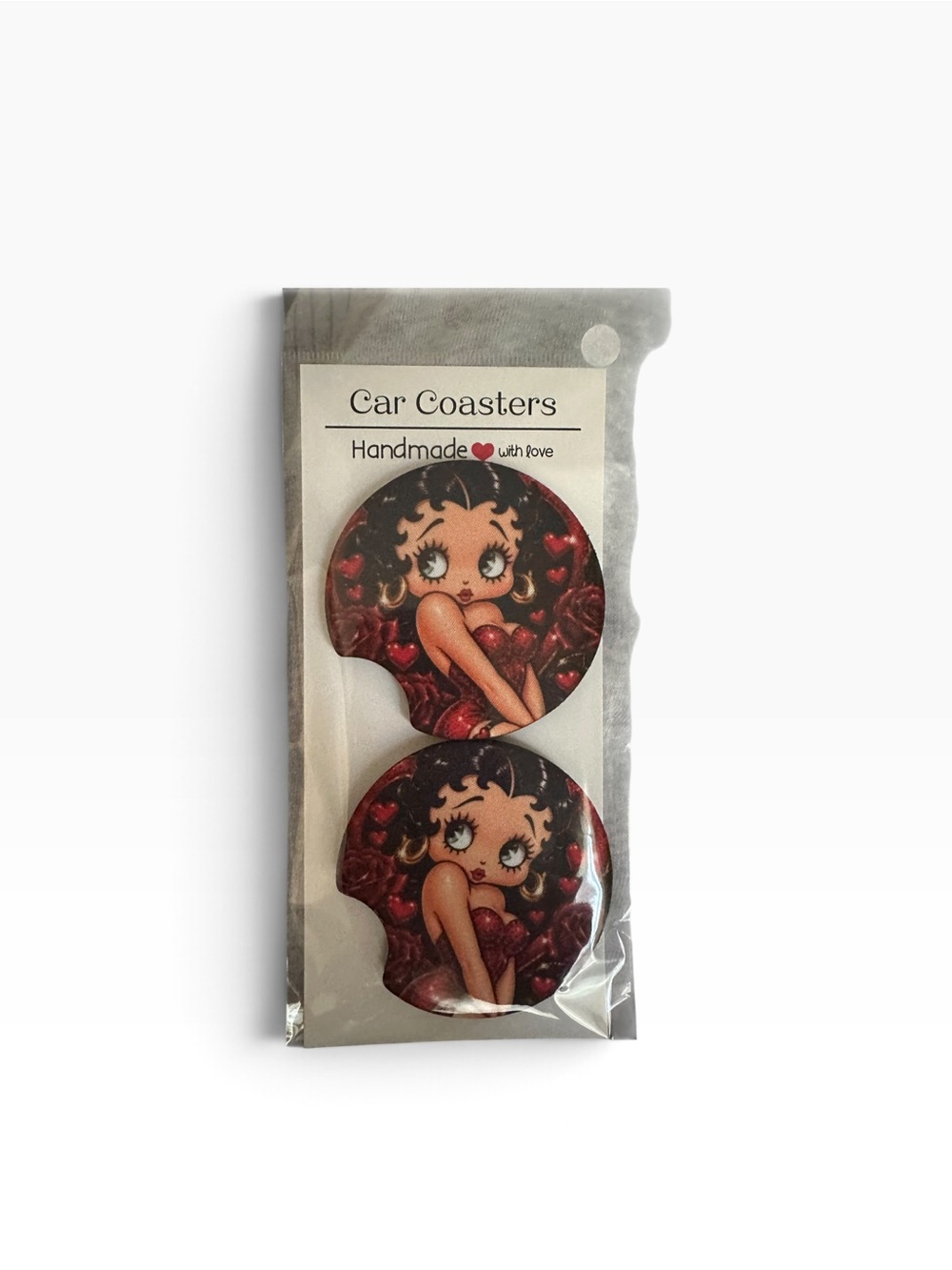Handmade Red Heart Pattern Car Coasters - Set of 2